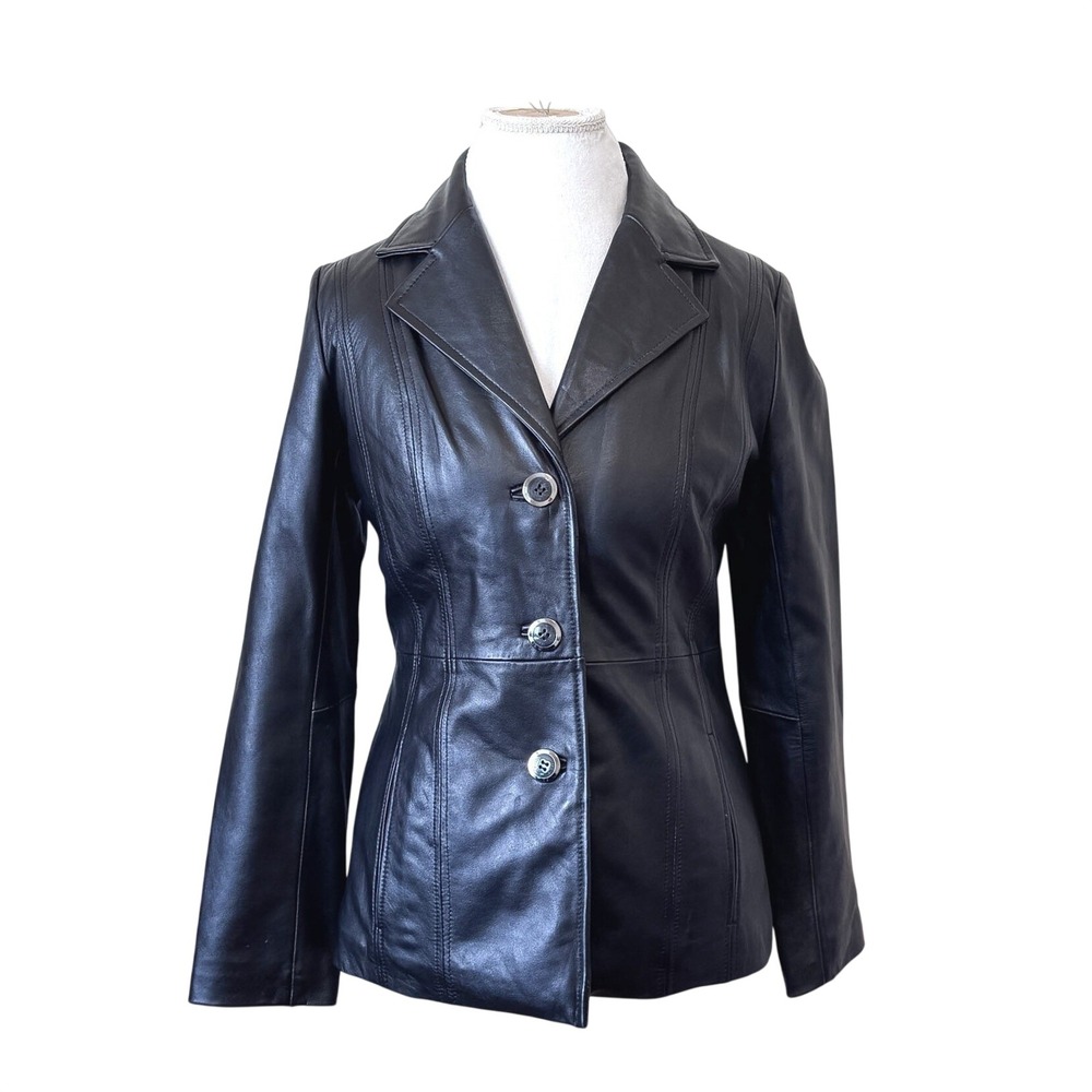 Vintage 90s Wilsons Leather Womens Blazer Jacket Small Black Tailored Classic